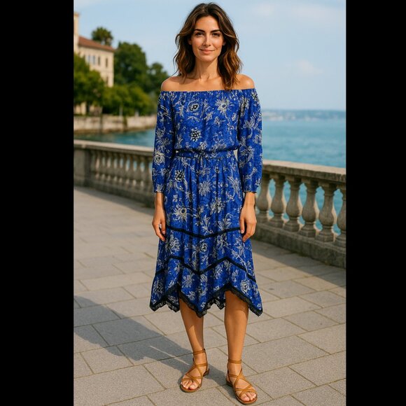 Jaase Dress Off Shoulder Floral Dress Boho Gypsy Lotus Flower Floral Blue Large - Picture 1 of 8